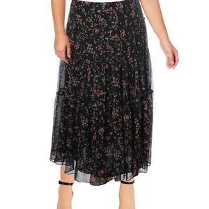 NWT Tiered Floral Black Midi Skirt Airy